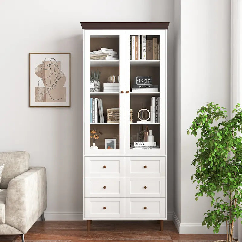 Weißer Hochschrank für Küchenspeisekammer aus MDF mit Glastüren und verstellbaren Einlegeböden