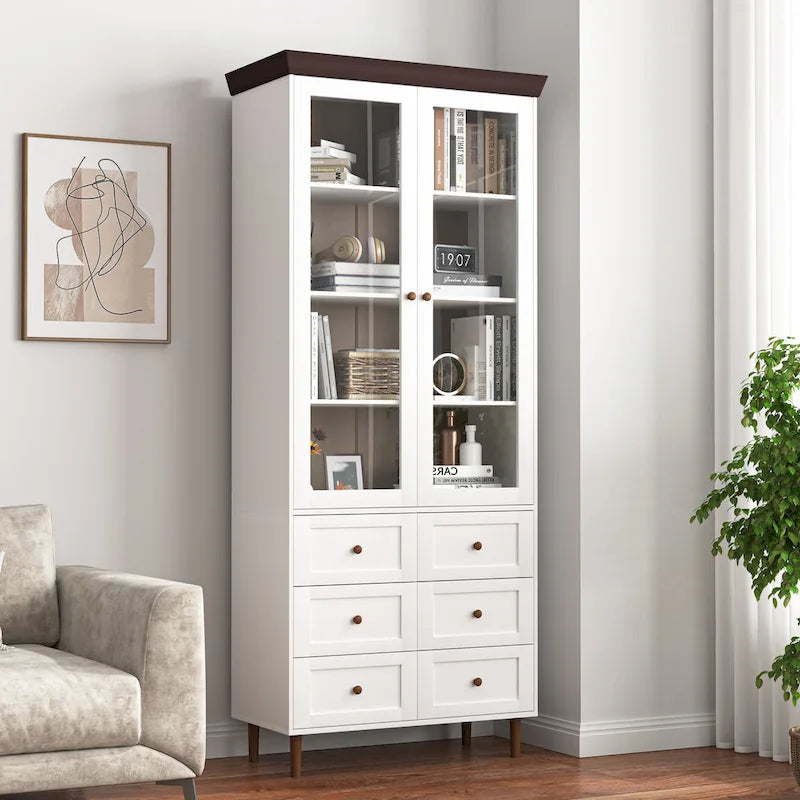 Weißer Hochschrank für Küchenspeisekammer aus MDF mit Glastüren und verstellbaren Einlegeböden