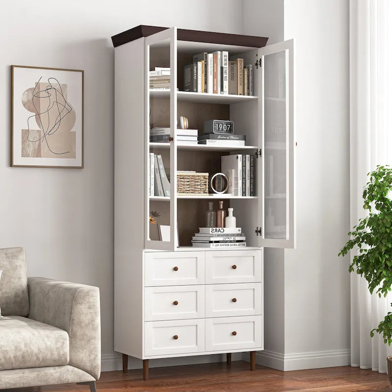 Weißer Hochschrank für Küchenspeisekammer aus MDF mit Glastüren und verstellbaren Einlegeböden