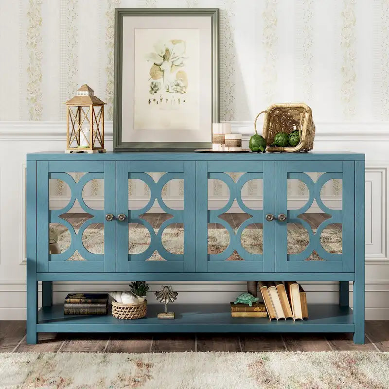 Retro-Konsolen-Sideboard mit Spiegeltüren und Akazienholzbeinen