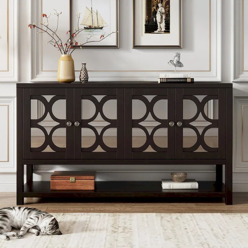 Retro-Konsolen-Sideboard mit Spiegeltüren und Akazienholzbeinen