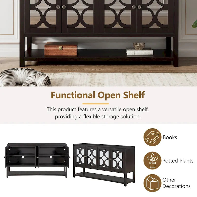 Retro-Konsolen-Sideboard mit Spiegeltüren und Akazienholzbeinen