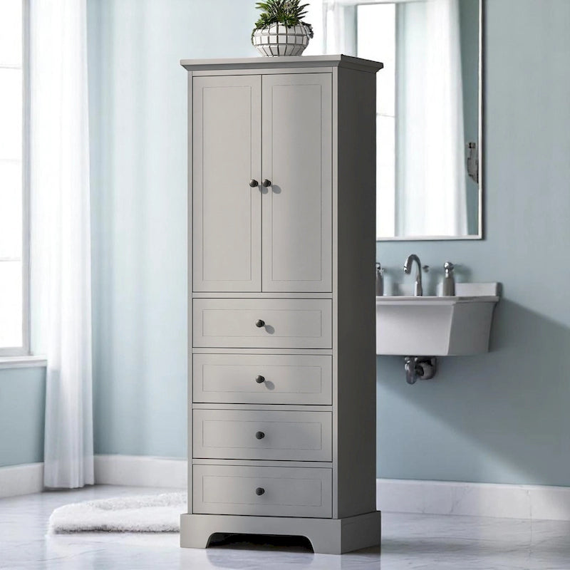 Freistehender weißer Badezimmerschrank mit 4 Schubladen und 2 Türen, verstellbarem Regal, wasserdichter MDF-Aufbewahrungseinheit