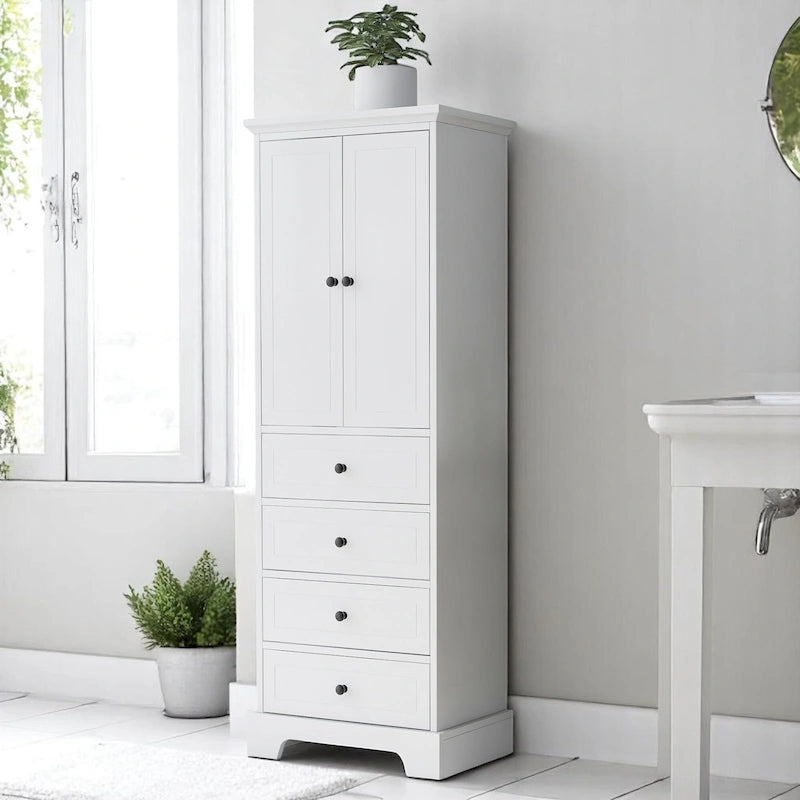 Freistehender weißer Badezimmerschrank mit 4 Schubladen und 2 Türen, verstellbarem Regal, wasserdichter MDF-Aufbewahrungseinheit