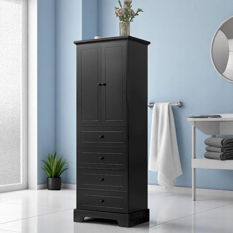 Freistehender weißer Badezimmerschrank mit 4 Schubladen und 2 Türen, verstellbarem Regal, wasserdichter MDF-Aufbewahrungseinheit