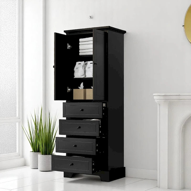 Freistehender weißer Badezimmerschrank mit 4 Schubladen und 2 Türen, verstellbarem Regal, wasserdichter MDF-Aufbewahrungseinheit