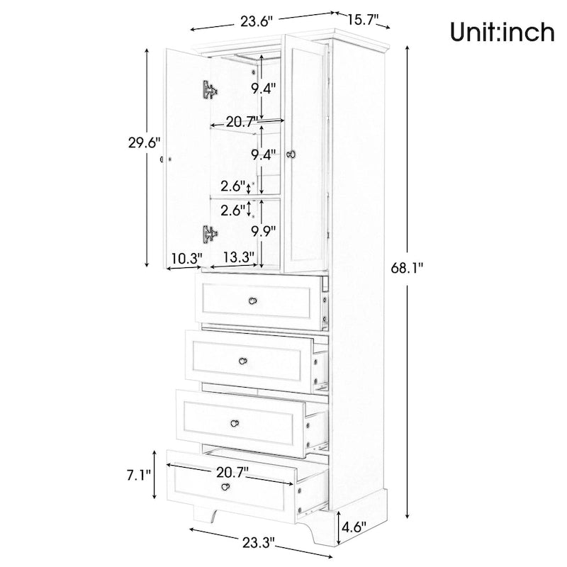Freistehender weißer Badezimmerschrank mit 4 Schubladen und 2 Türen, verstellbarem Regal, wasserdichter MDF-Aufbewahrungseinheit
