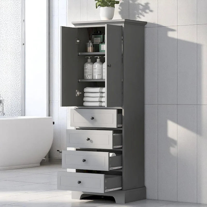 Freistehender weißer Badezimmerschrank mit 4 Schubladen und 2 Türen, verstellbarem Regal, wasserdichter MDF-Aufbewahrungseinheit