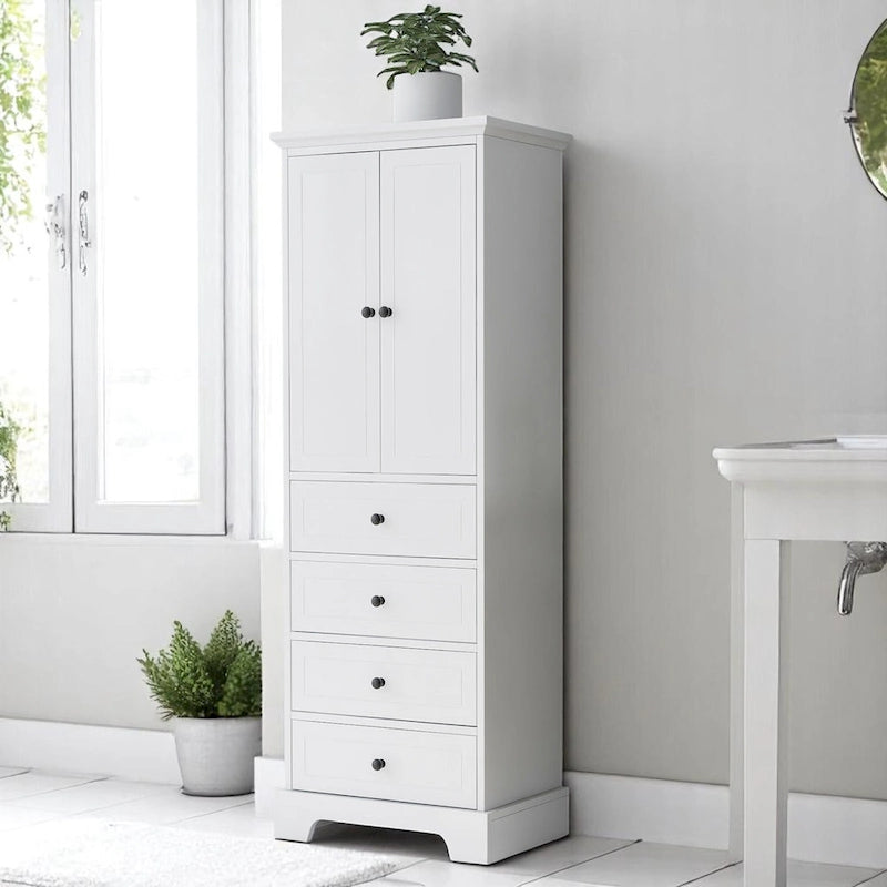 Freistehender weißer Badezimmerschrank mit 4 Schubladen und 2 Türen, verstellbarem Regal, wasserdichter MDF-Aufbewahrungseinheit