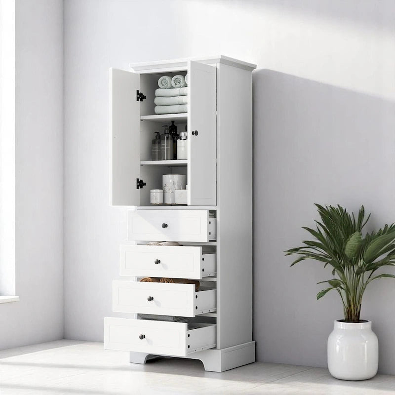 Freistehender weißer Badezimmerschrank mit 4 Schubladen und 2 Türen, verstellbarem Regal, wasserdichter MDF-Aufbewahrungseinheit