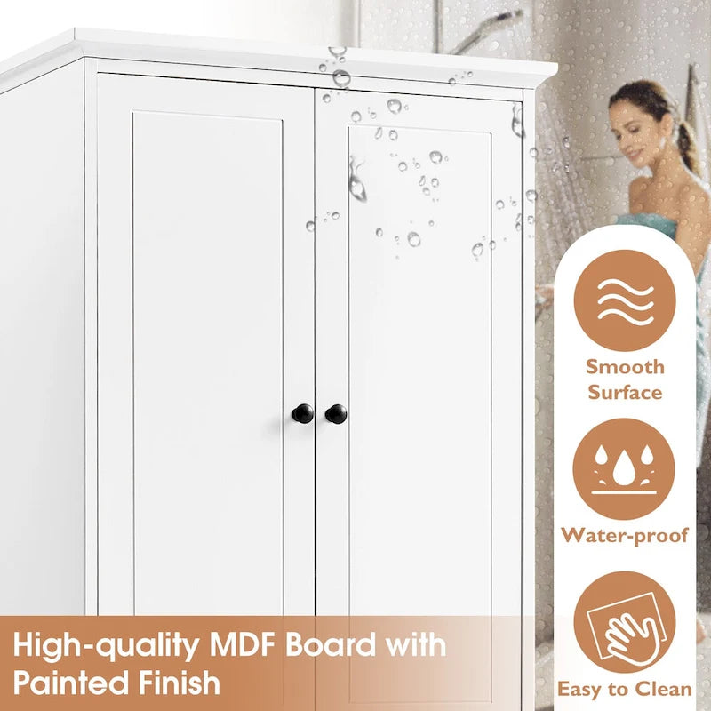 Freistehender weißer Badezimmerschrank mit 4 Schubladen und 2 Türen, verstellbarem Regal, wasserdichter MDF-Aufbewahrungseinheit