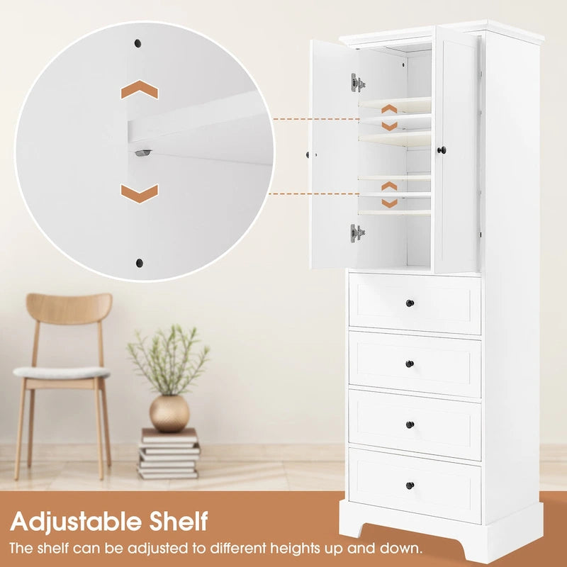 Freistehender weißer Badezimmerschrank mit 4 Schubladen und 2 Türen, verstellbarem Regal, wasserdichter MDF-Aufbewahrungseinheit