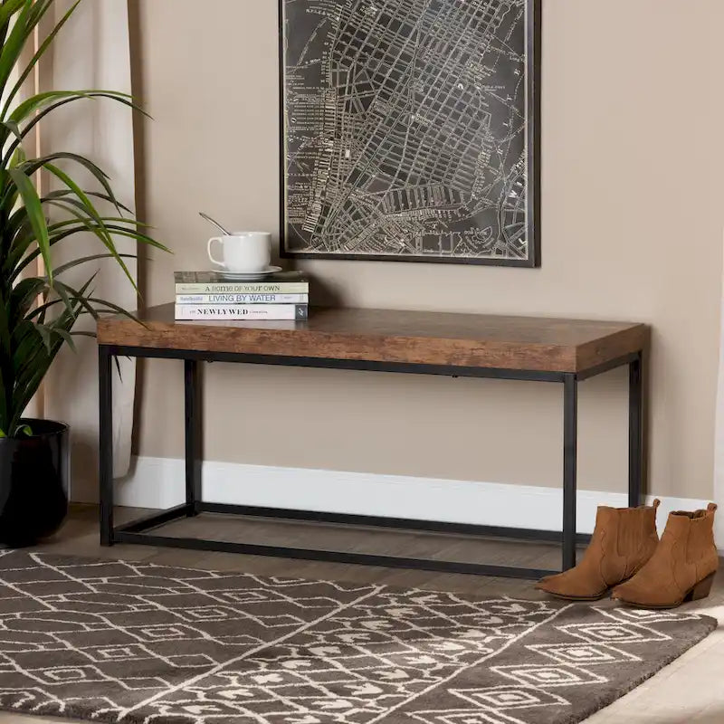 Moderne Akzentbank aus Holz und Metall, Walnussbraun