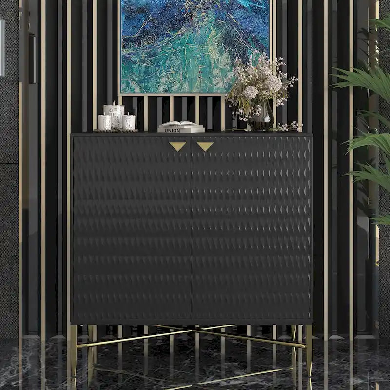 80 cm breiter, hochglänzender Schrank mit 2 Türen und goldenen Metallbeinen