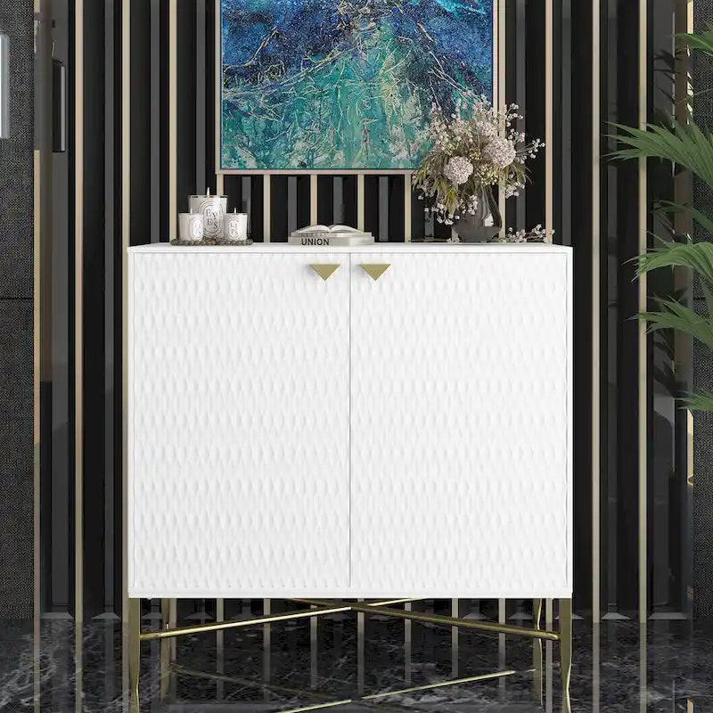 80 cm breiter, hochglänzender Schrank mit 2 Türen und goldenen Metallbeinen