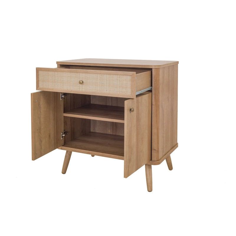 Rattan kleiner Schrank mit 1 Schublade und 2 Türen, Eiche Natur