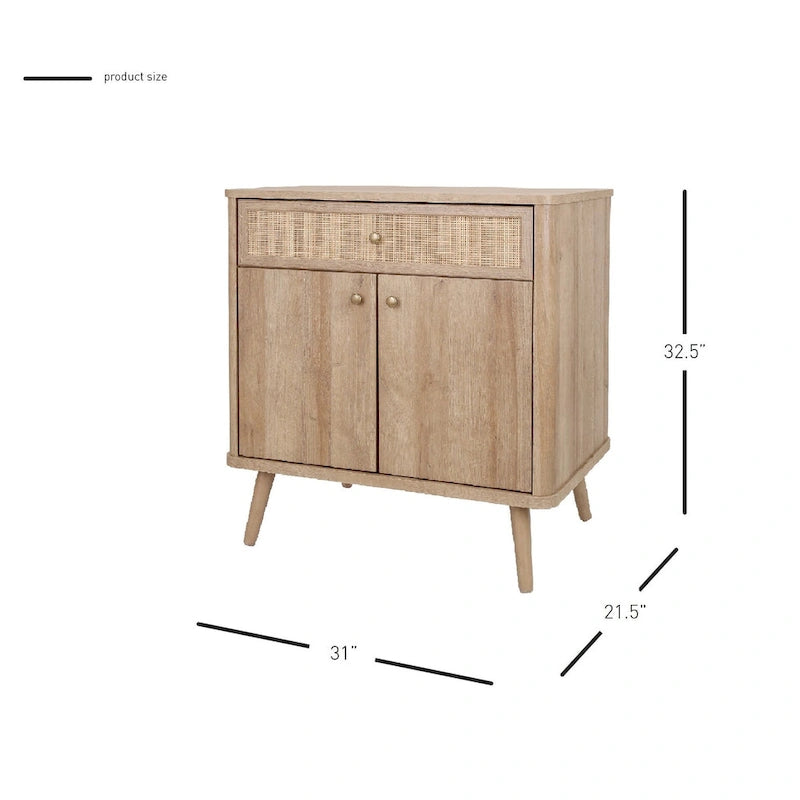 Rattan kleiner Schrank mit 1 Schublade und 2 Türen, Eiche Natur