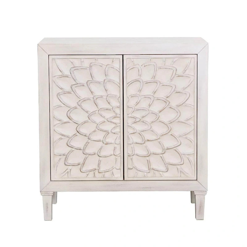 2-türiger Holzschrank mit Blumenornamenten, Used-Look Weiß gewaschen