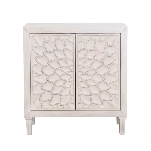 2-türiger Holzschrank mit Blumenornamenten, Used-Look Weiß gewaschen