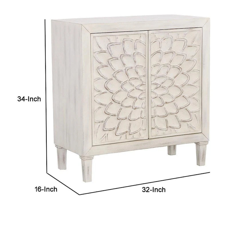 2-türiger Holzschrank mit Blumenornamenten, Used-Look Weiß gewaschen