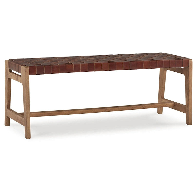 Akzentbank aus Natur-/Braunleder, geflochten, 122 cm breit