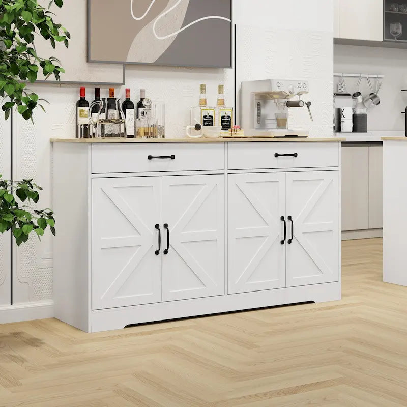 Großer Bauernhaus-Buffetschrank mit Stauraum, Anrichte mit 2 Schubladen und 4 Türen für Esszimmer, Wohnzimmer, Küchenschrank – Weiß
