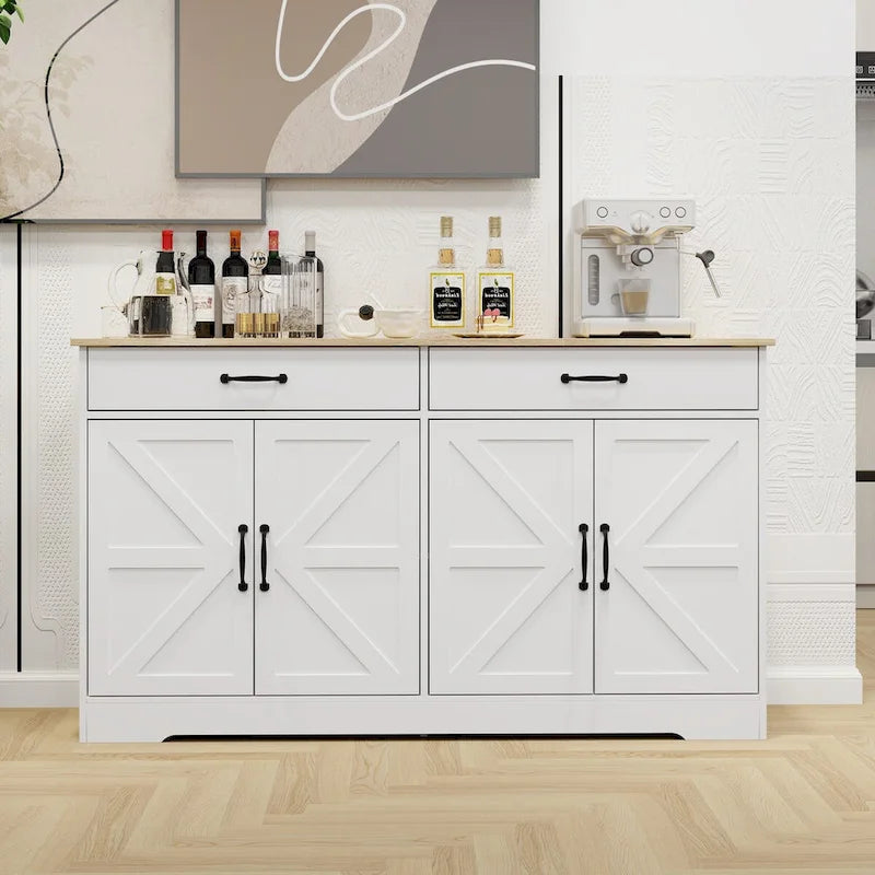 Großer Bauernhaus-Buffetschrank mit Stauraum, Anrichte mit 2 Schubladen und 4 Türen für Esszimmer, Wohnzimmer, Küchenschrank – Weiß