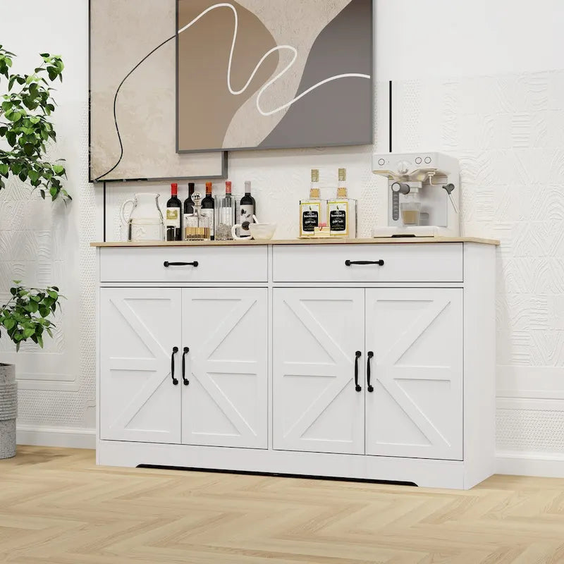 Großer Bauernhaus-Buffetschrank mit Stauraum, Anrichte mit 2 Schubladen und 4 Türen für Esszimmer, Wohnzimmer, Küchenschrank – Weiß