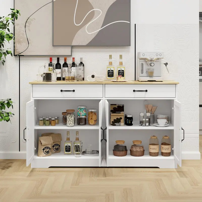 Großer Bauernhaus-Buffetschrank mit Stauraum, Anrichte mit 2 Schubladen und 4 Türen für Esszimmer, Wohnzimmer, Küchenschrank – Weiß