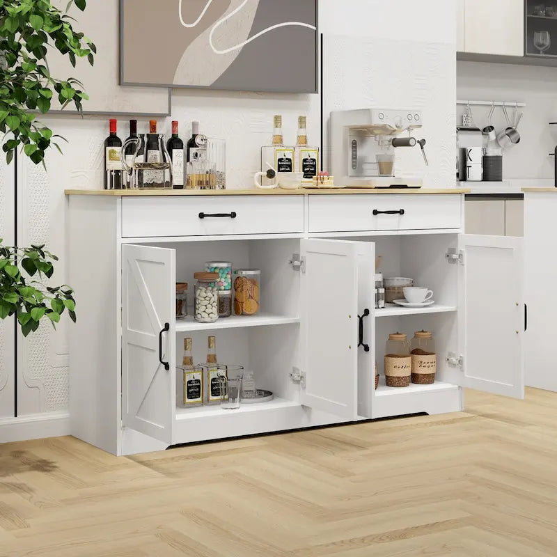 Großer Bauernhaus-Buffetschrank mit Stauraum, Anrichte mit 2 Schubladen und 4 Türen für Esszimmer, Wohnzimmer, Küchenschrank – Weiß