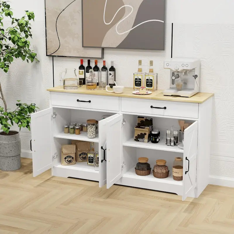 Großer Bauernhaus-Buffetschrank mit Stauraum, Anrichte mit 2 Schubladen und 4 Türen für Esszimmer, Wohnzimmer, Küchenschrank – Weiß