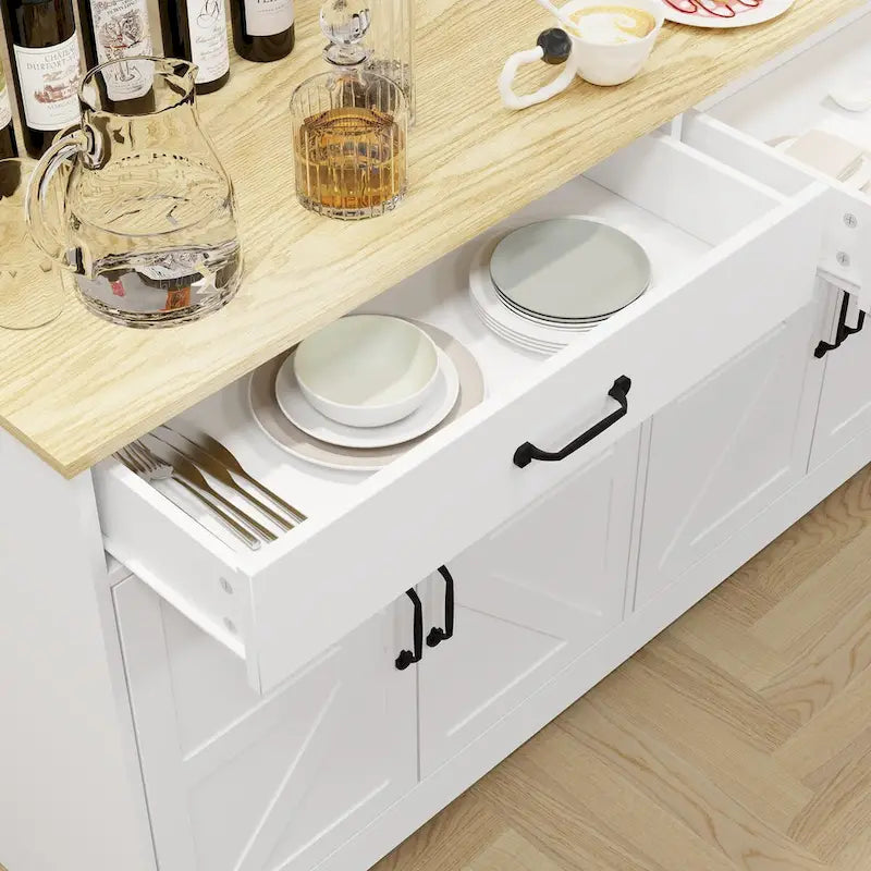 Großer Bauernhaus-Buffetschrank mit Stauraum, Anrichte mit 2 Schubladen und 4 Türen für Esszimmer, Wohnzimmer, Küchenschrank – Weiß