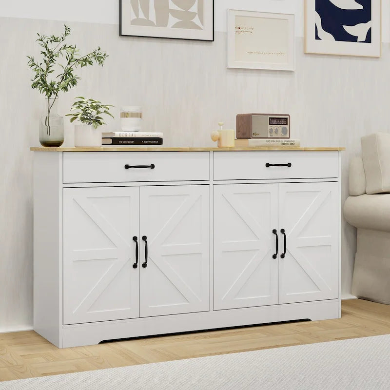 Großer Bauernhaus-Buffetschrank mit Stauraum, Anrichte mit 2 Schubladen und 4 Türen für Esszimmer, Wohnzimmer, Küchenschrank – Weiß