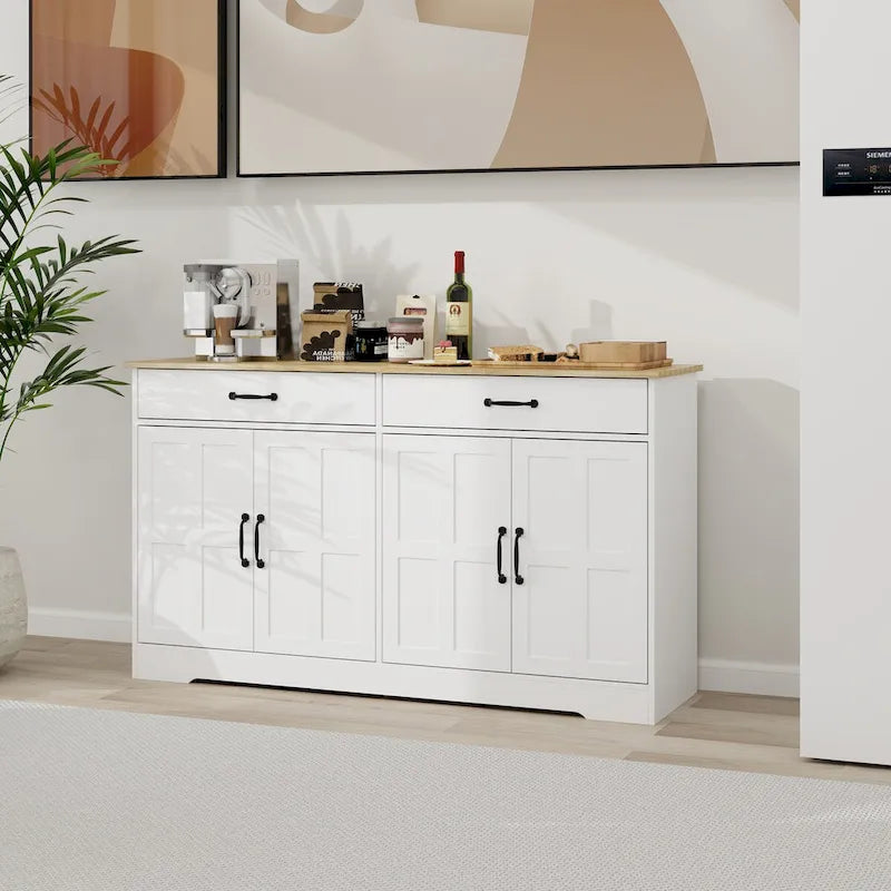 Großer Bauernhaus-Buffetschrank mit Stauraum, Anrichte mit 2 Schubladen und 4 Türen für Esszimmer, Wohnzimmer, Küchenschrank – Weiß