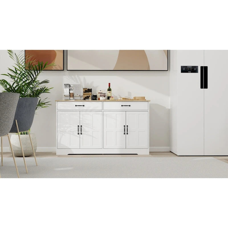 Großer Bauernhaus-Buffetschrank mit Stauraum, Anrichte mit 2 Schubladen und 4 Türen für Esszimmer, Wohnzimmer, Küchenschrank – Weiß