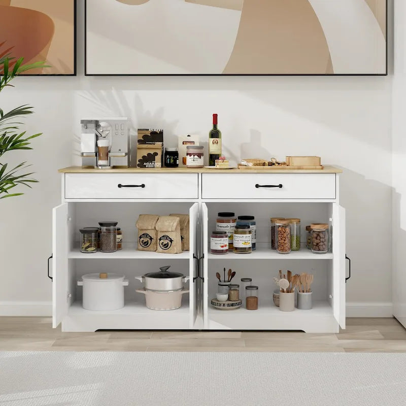 Großer Bauernhaus-Buffetschrank mit Stauraum, Anrichte mit 2 Schubladen und 4 Türen für Esszimmer, Wohnzimmer, Küchenschrank – Weiß