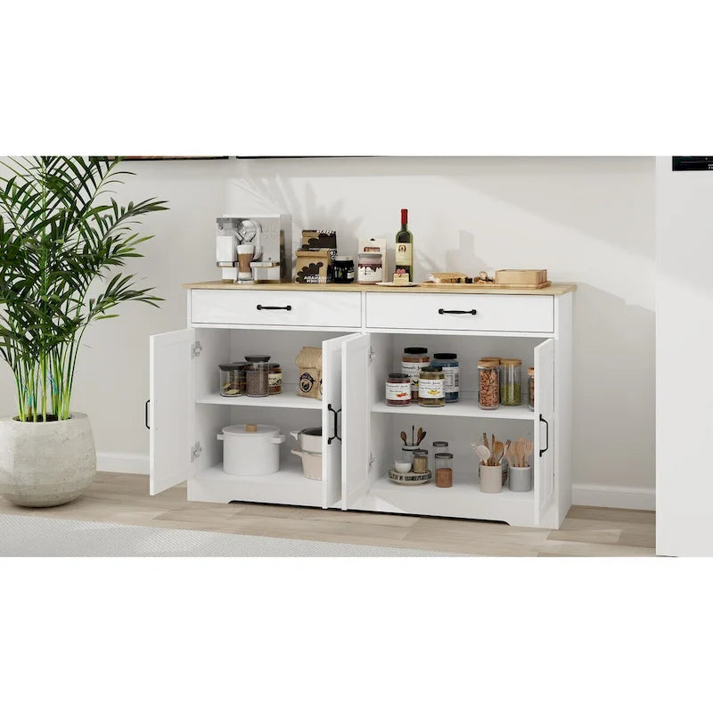 Großer Bauernhaus-Buffetschrank mit Stauraum, Anrichte mit 2 Schubladen und 4 Türen für Esszimmer, Wohnzimmer, Küchenschrank – Weiß