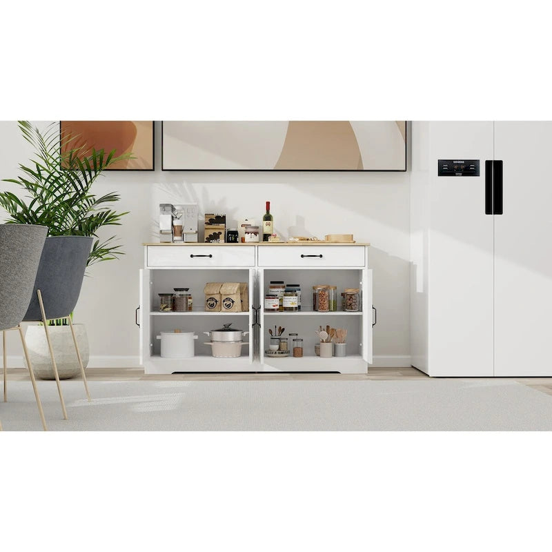 Großer Bauernhaus-Buffetschrank mit Stauraum, Anrichte mit 2 Schubladen und 4 Türen für Esszimmer, Wohnzimmer, Küchenschrank – Weiß