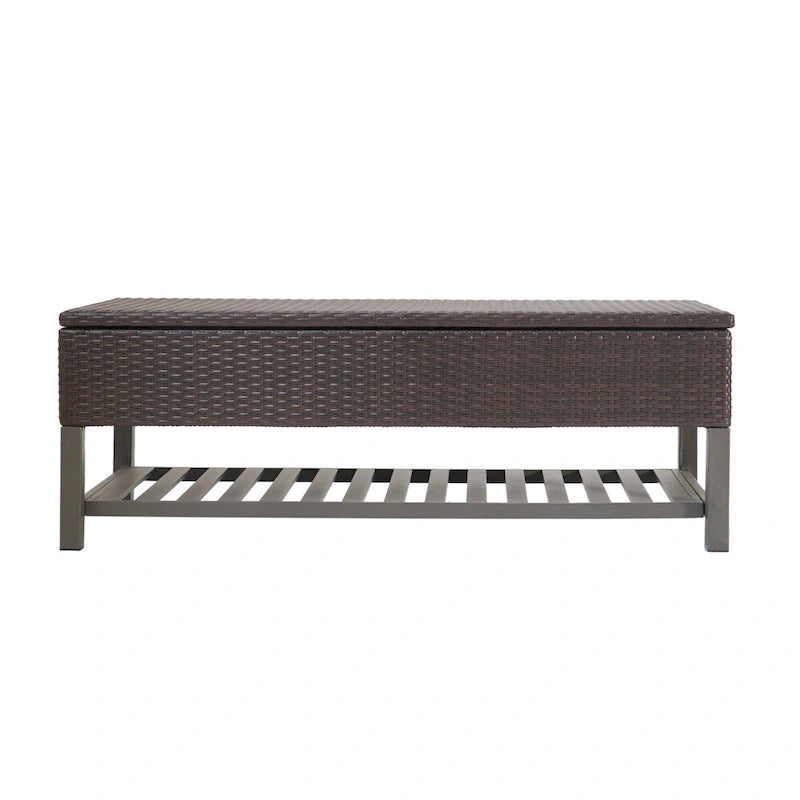 Outdoor-Rattan-Aufbewahrungsbank mit Lamellenablage unten