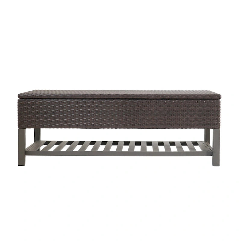 Outdoor-Rattan-Aufbewahrungsbank mit Lamellenablage unten