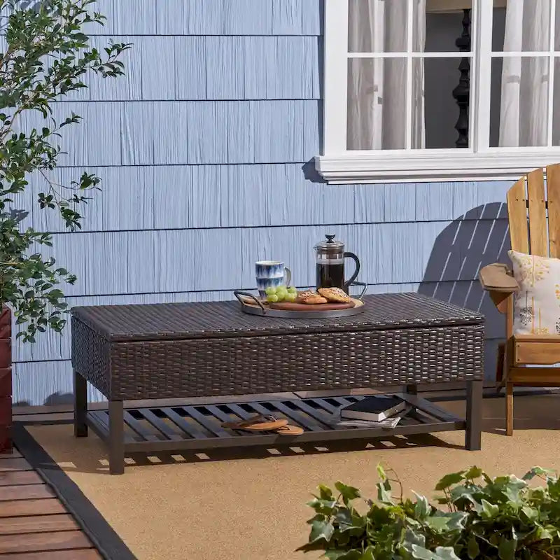 Outdoor-Rattan-Aufbewahrungsbank mit Lamellenablage unten