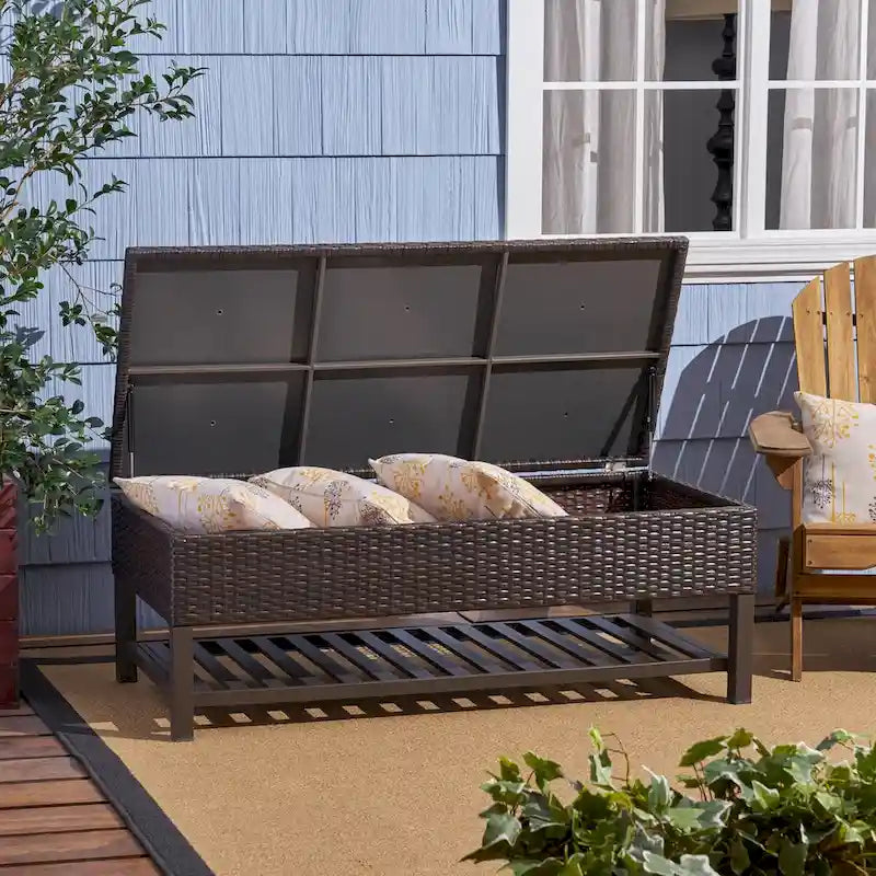 Outdoor-Rattan-Aufbewahrungsbank mit Lamellenablage unten