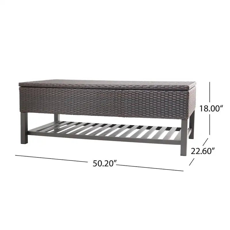 Outdoor-Rattan-Aufbewahrungsbank mit Lamellenablage unten