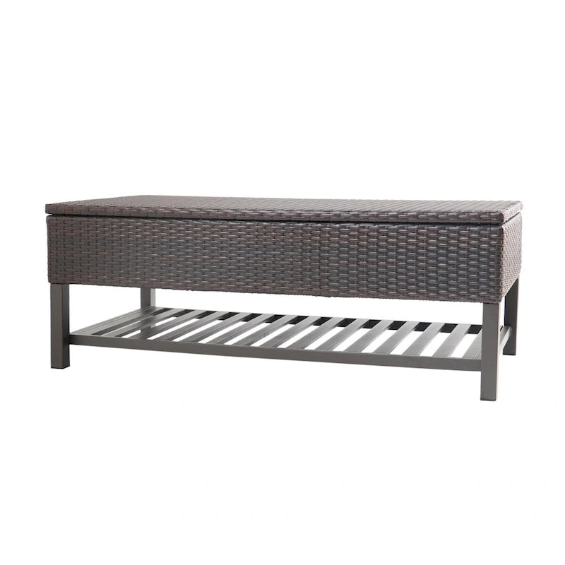 Outdoor-Rattan-Aufbewahrungsbank mit Lamellenablage unten
