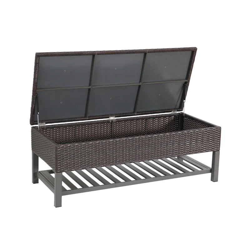 Outdoor-Rattan-Aufbewahrungsbank mit Lamellenablage unten