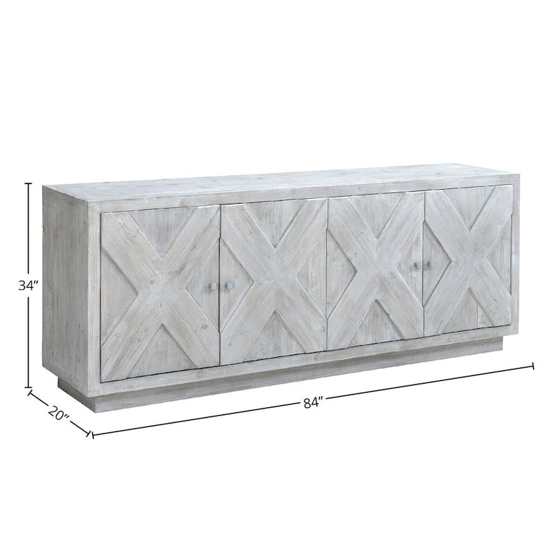 84 Zoll weiß getünchtes Sideboard aus Altholz-Kiefer mit Schnitzereien