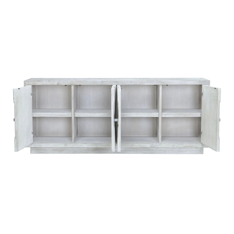 84 Zoll weiß getünchtes Sideboard aus Altholz-Kiefer mit Schnitzereien