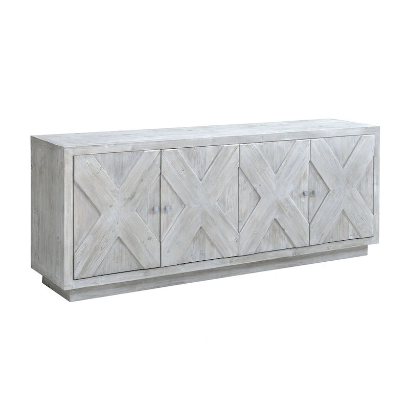 84 Zoll weiß getünchtes Sideboard aus Altholz-Kiefer mit Schnitzereien