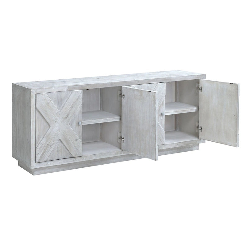 84 Zoll weiß getünchtes Sideboard aus Altholz-Kiefer mit Schnitzereien