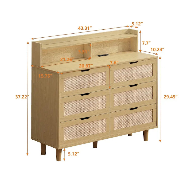 Akzent-Aufbewahrungsschrank 6 Schubladen Rattan-Schublade mit LED-Beleuchtung und Steckdose